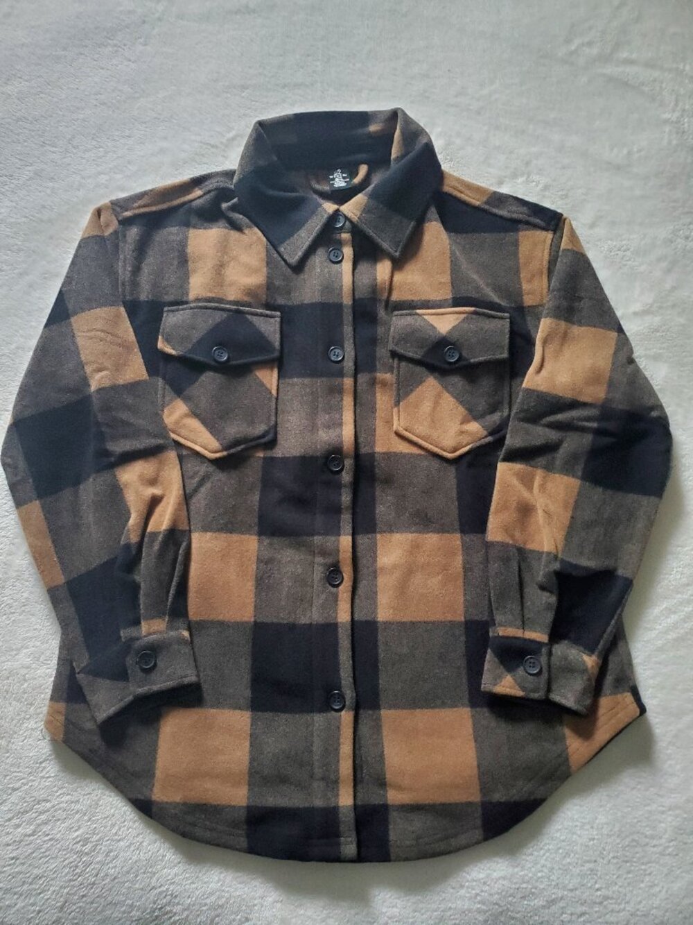 Woolx Sawyer Merino Wool Blend Shacket Caramel Black Plaid Loose Fit Small